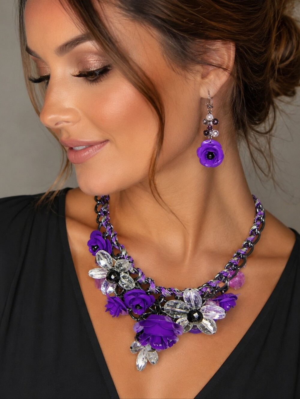 NWT Purple Lucite Floral Statement Necklace & Leverback Earrings Set